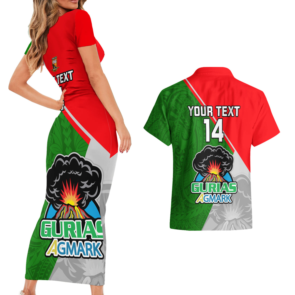 Custom Papua New Guinea Rugby Couples Matching Short Sleeve Bodycon Dress and Hawaiian Shirt Rabaul Gurias PNG Polynesian Pattern - Wonder Print Shop