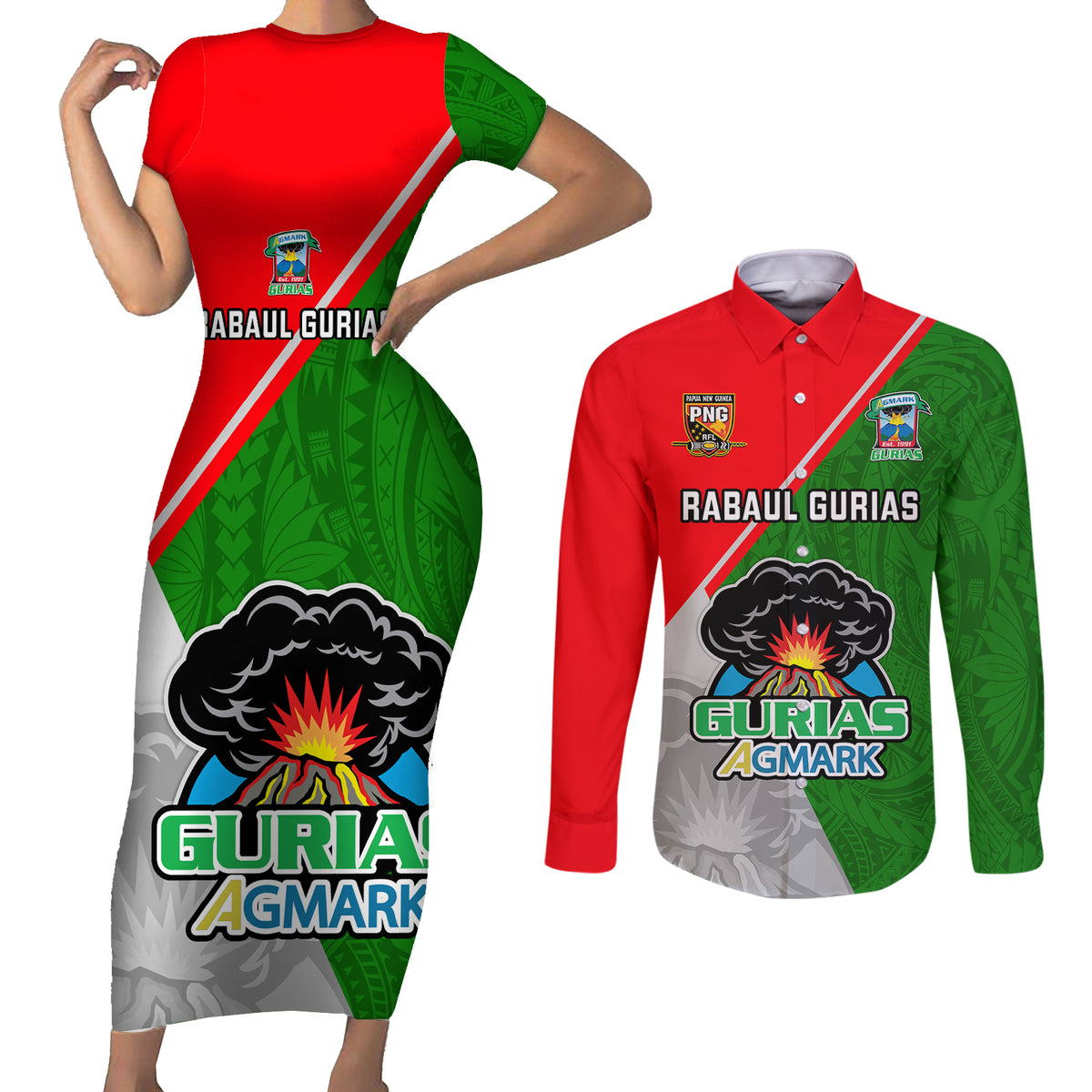 Custom Papua New Guinea Rugby Couples Matching Short Sleeve Bodycon Dress and Long Sleeve Button Shirts Rabaul Gurias PNG Polynesian Pattern - Wonder Print Shop