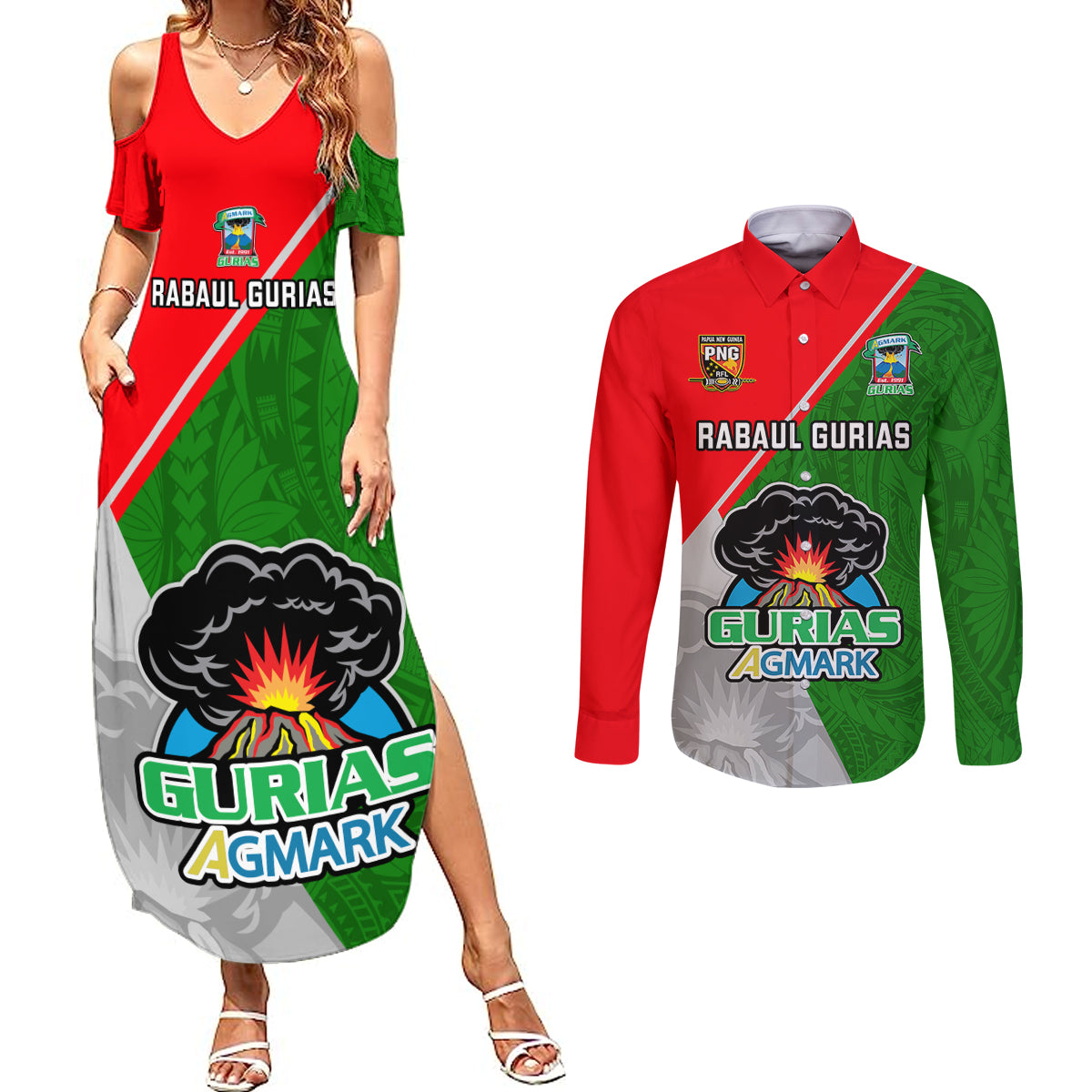 Custom Papua New Guinea Rugby Couples Matching Summer Maxi Dress and Long Sleeve Button Shirts Rabaul Gurias PNG Polynesian Pattern - Wonder Print Shop