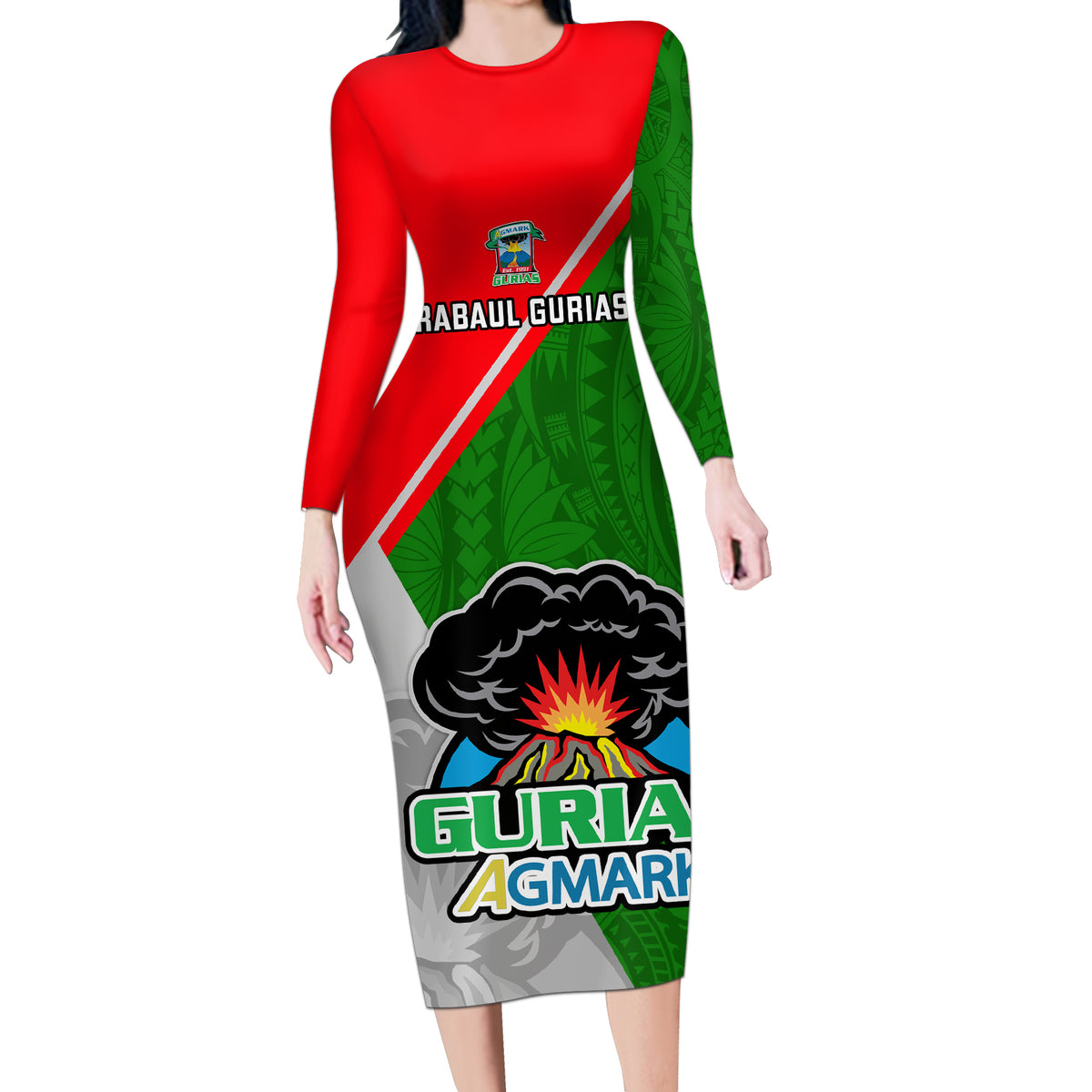 Custom Papua New Guinea Rugby Long Sleeve Bodycon Dress Rabaul Gurias PNG Polynesian Pattern - Wonder Print Shop