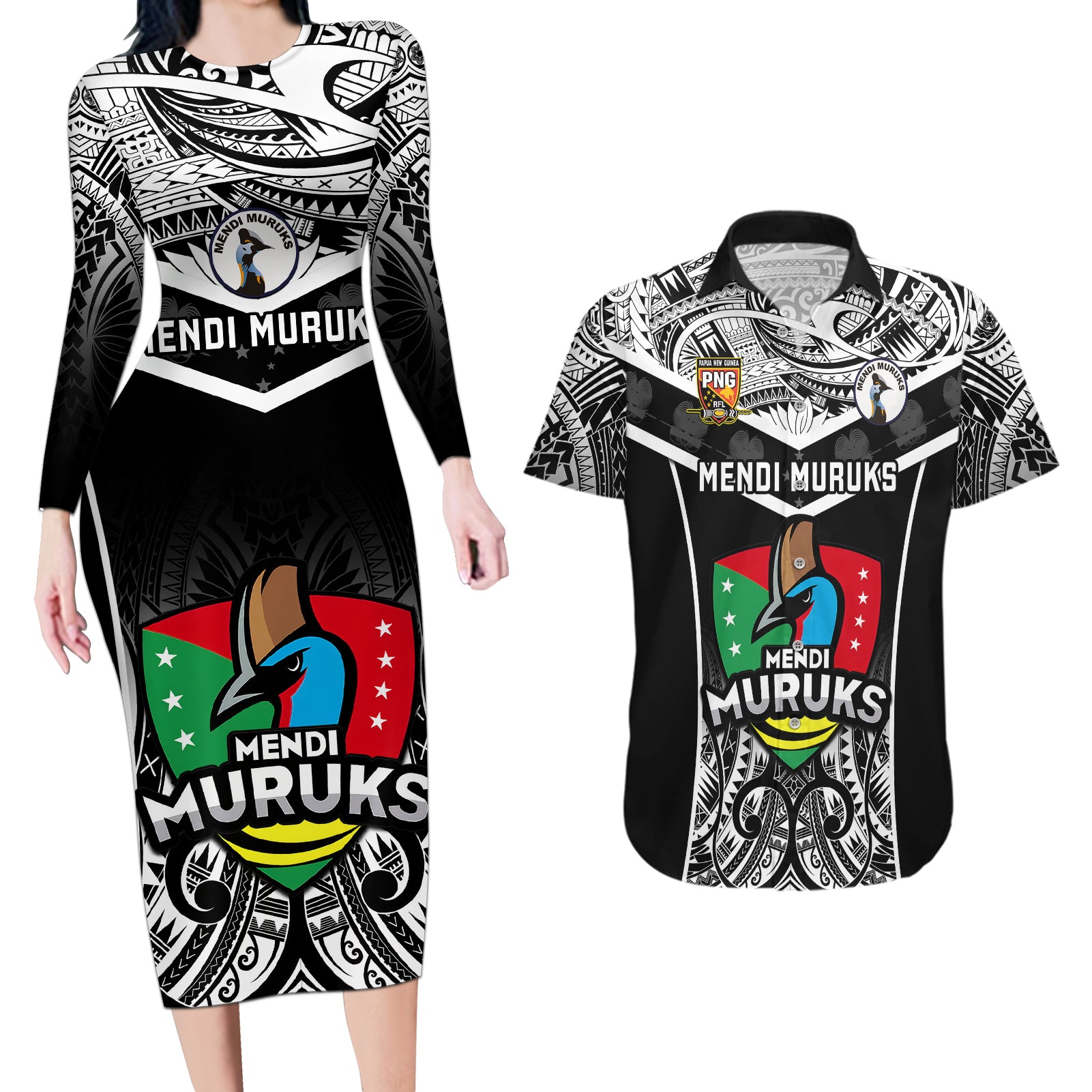 Papua New Guinea Rugby Couples Matching Long Sleeve Bodycon Dress and Hawaiian Shirt Mendi Muruks PNG Polynesian Pattern - Wonder Print Shop