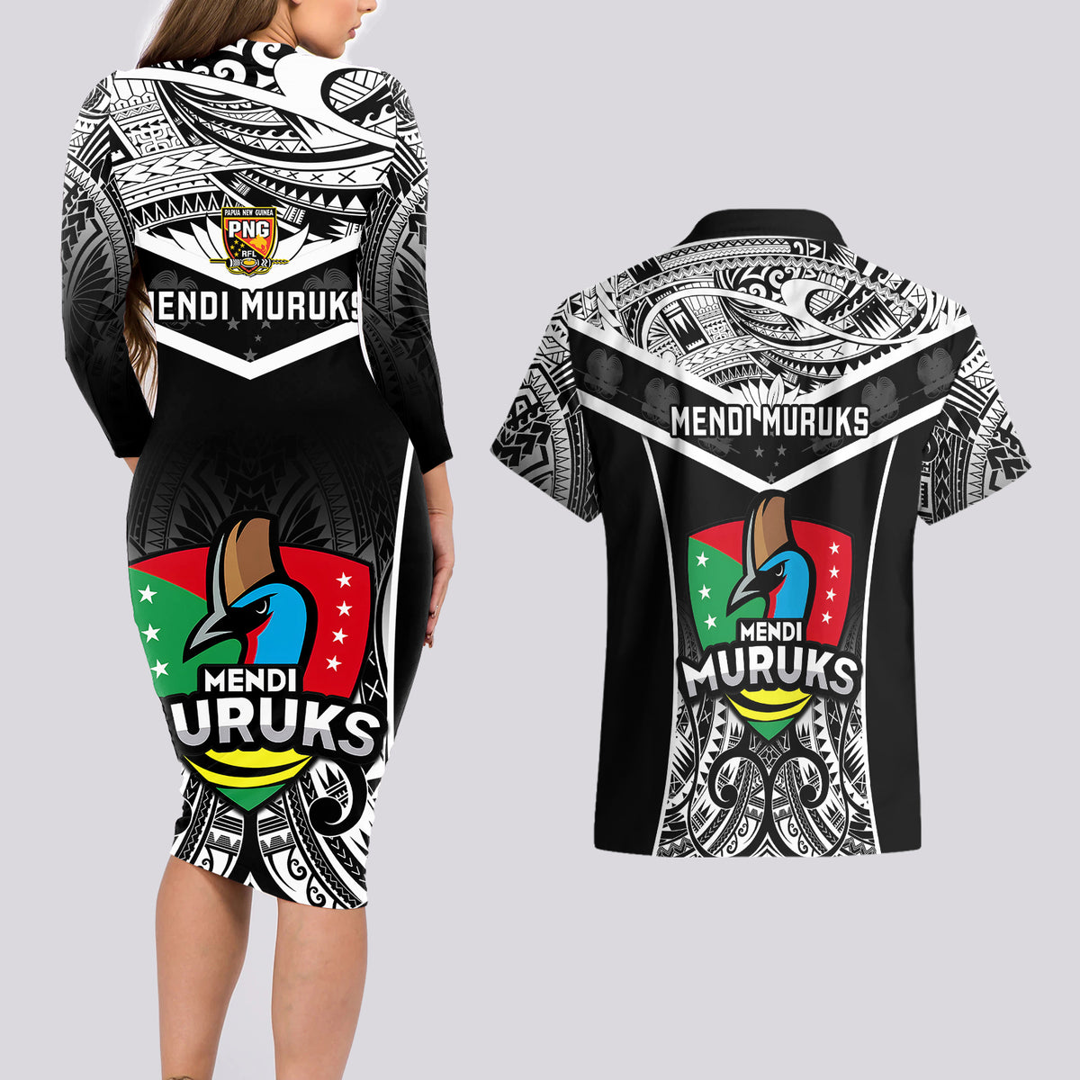 Papua New Guinea Rugby Couples Matching Long Sleeve Bodycon Dress and Hawaiian Shirt Mendi Muruks PNG Polynesian Pattern - Wonder Print Shop
