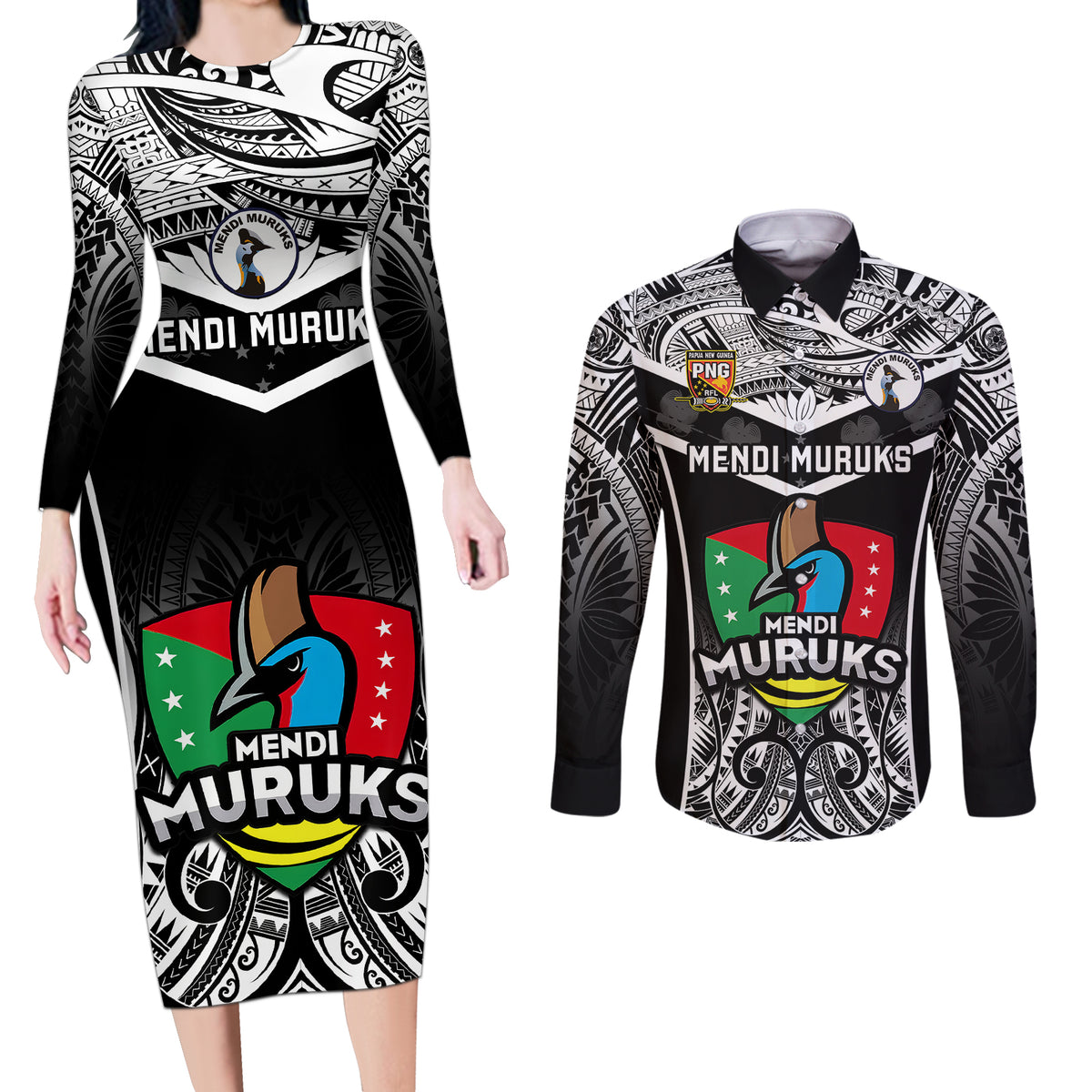 Papua New Guinea Rugby Couples Matching Long Sleeve Bodycon Dress and Long Sleeve Button Shirts Mendi Muruks PNG Polynesian Pattern - Wonder Print Shop