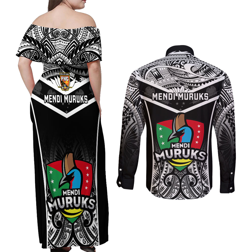 Papua New Guinea Rugby Couples Matching Off Shoulder Maxi Dress and Long Sleeve Button Shirts Mendi Muruks PNG Polynesian Pattern - Wonder Print Shop