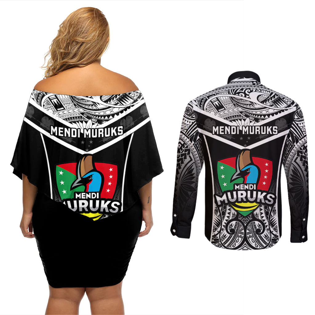 Papua New Guinea Rugby Couples Matching Off Shoulder Short Dress and Long Sleeve Button Shirts Mendi Muruks PNG Polynesian Pattern - Wonder Print Shop