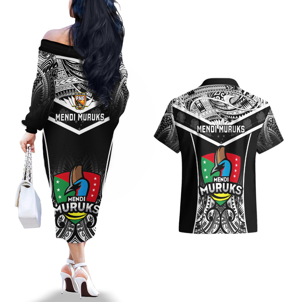Papua New Guinea Rugby Couples Matching Off The Shoulder Long Sleeve Dress and Hawaiian Shirt Mendi Muruks PNG Polynesian Pattern - Wonder Print Shop