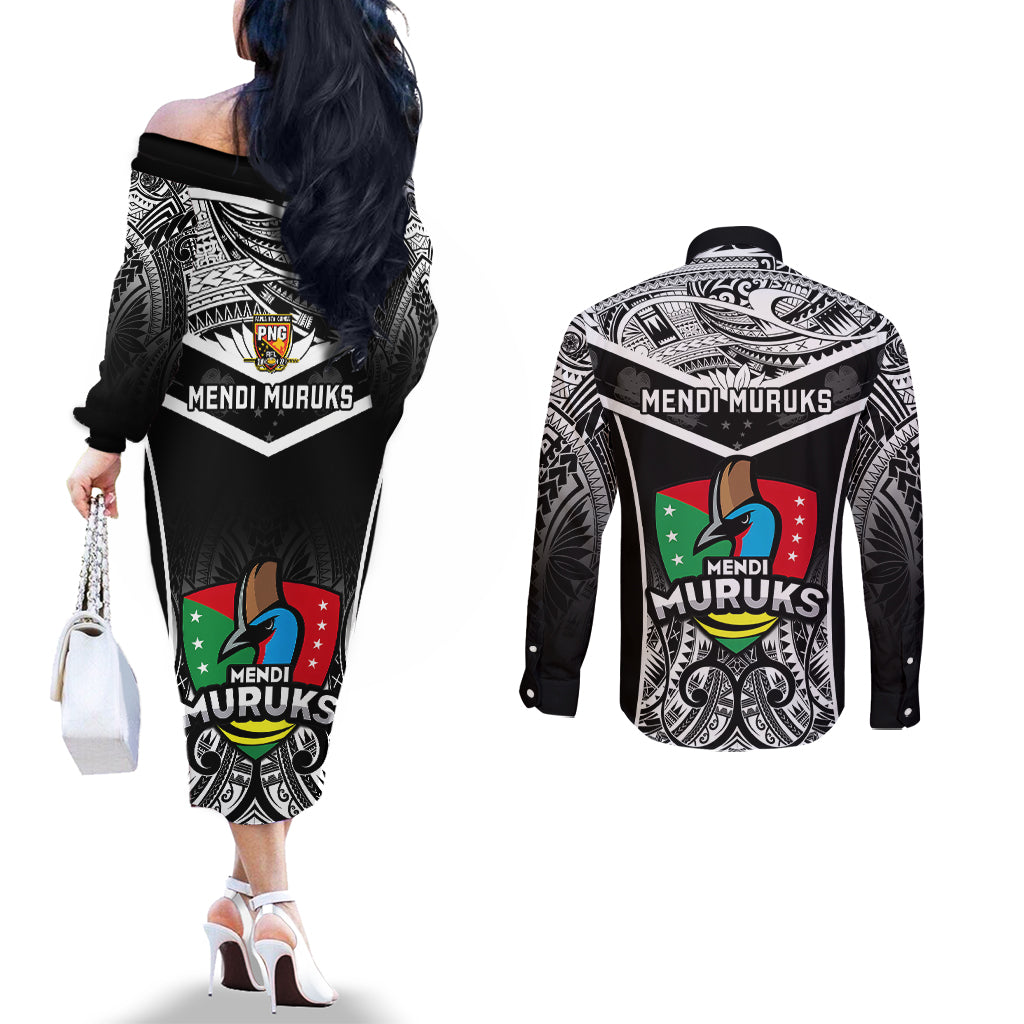 papua-new-guinea-rugby-couples-matching-off-the-shoulder-long-sleeve-dress-and-long-sleeve-button-shirts-mendi-muruks-png-polynesian-pattern