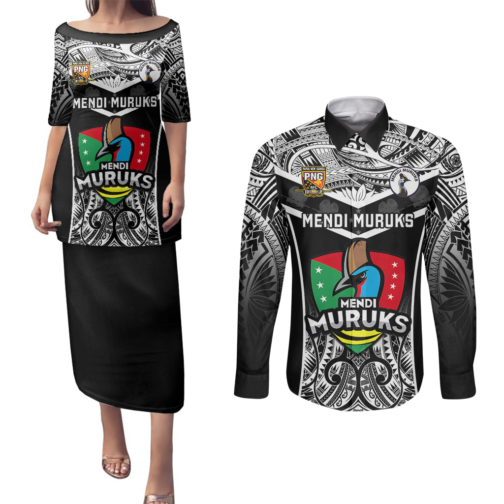 Papua New Guinea Rugby Couples Matching Puletasi Dress and Long Sleeve Button Shirts Mendi Muruks PNG Polynesian Pattern - Wonder Print Shop