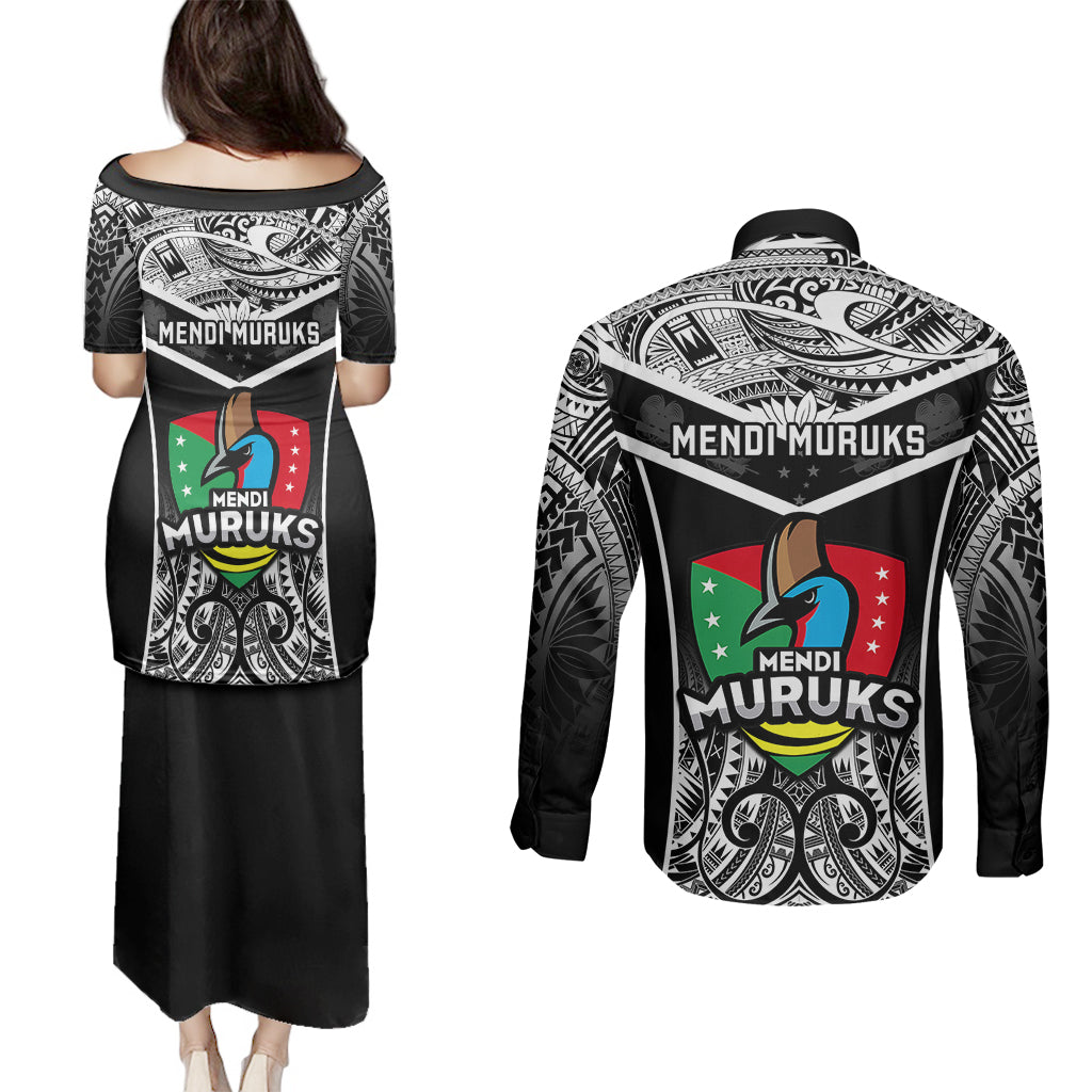 Papua New Guinea Rugby Couples Matching Puletasi Dress and Long Sleeve Button Shirts Mendi Muruks PNG Polynesian Pattern - Wonder Print Shop