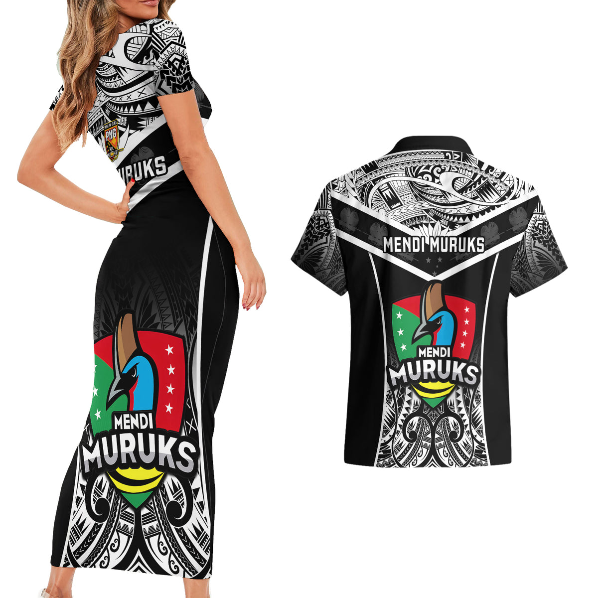 Papua New Guinea Rugby Couples Matching Short Sleeve Bodycon Dress and Hawaiian Shirt Mendi Muruks PNG Polynesian Pattern - Wonder Print Shop