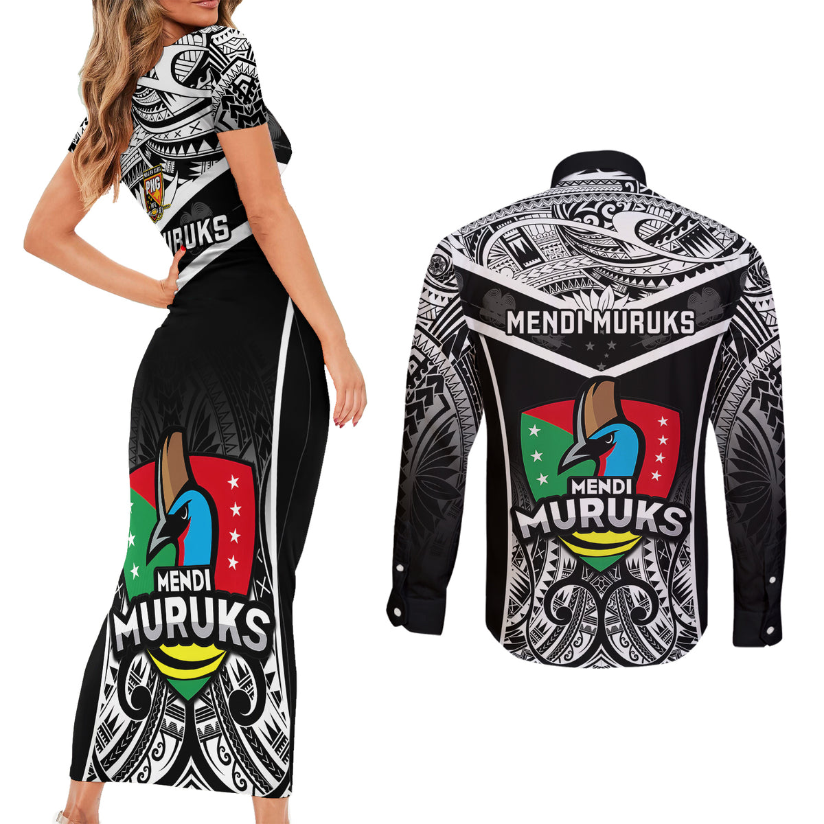 Papua New Guinea Rugby Couples Matching Short Sleeve Bodycon Dress and Long Sleeve Button Shirts Mendi Muruks PNG Polynesian Pattern - Wonder Print Shop