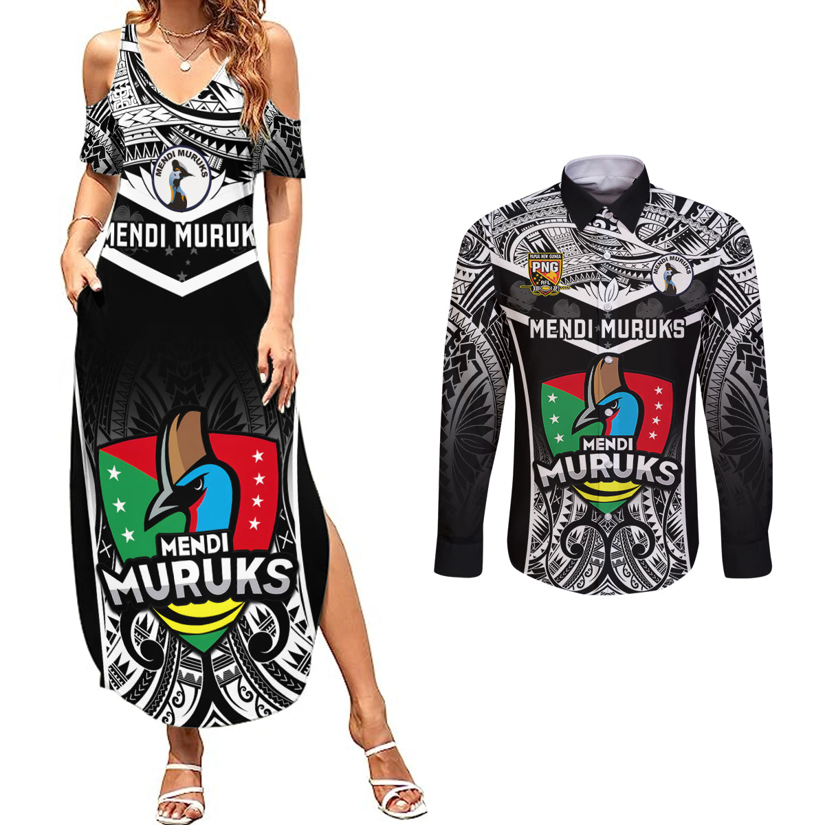 Papua New Guinea Rugby Couples Matching Summer Maxi Dress and Long Sleeve Button Shirts Mendi Muruks PNG Polynesian Pattern - Wonder Print Shop