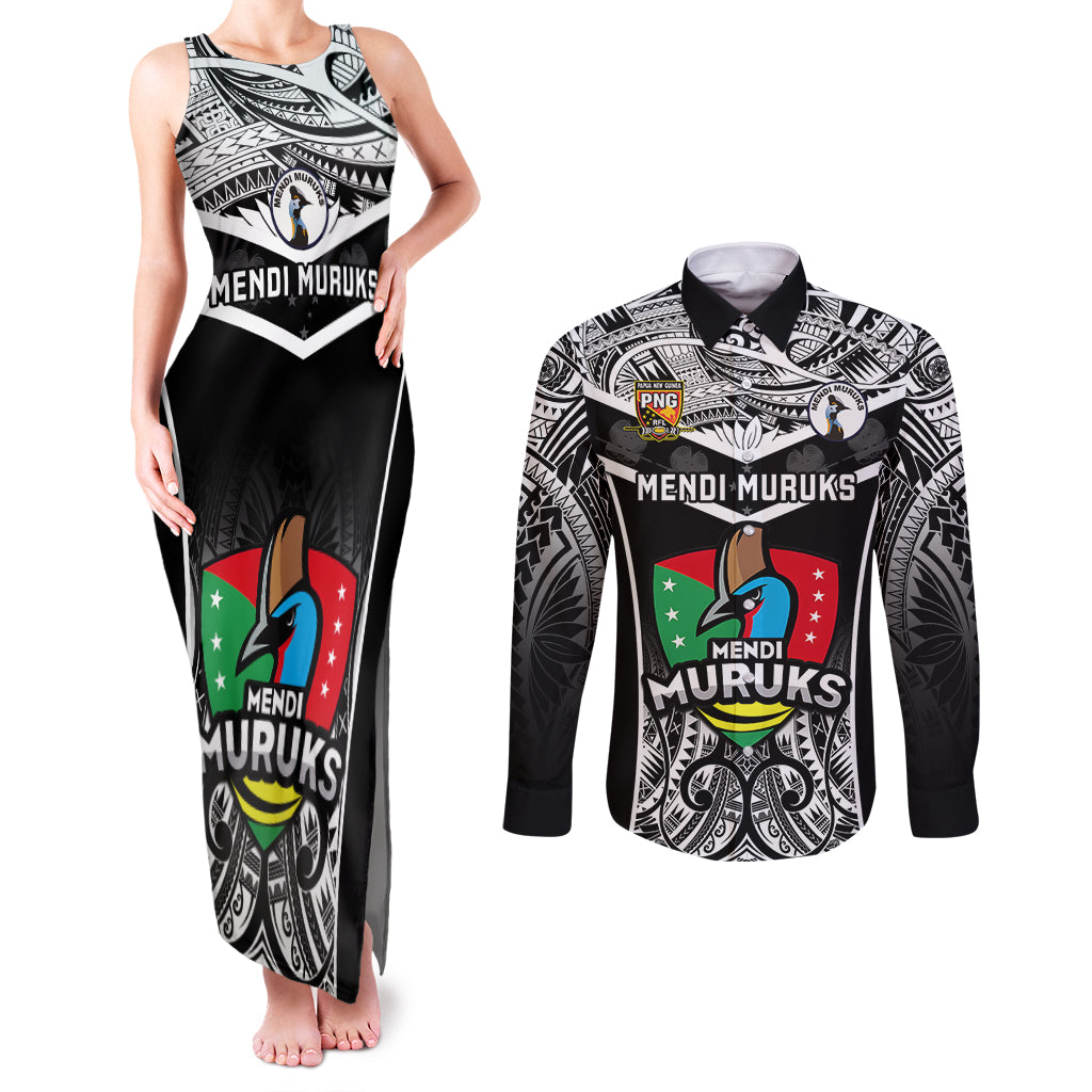 Papua New Guinea Rugby Couples Matching Tank Maxi Dress and Long Sleeve Button Shirts Mendi Muruks PNG Polynesian Pattern - Wonder Print Shop