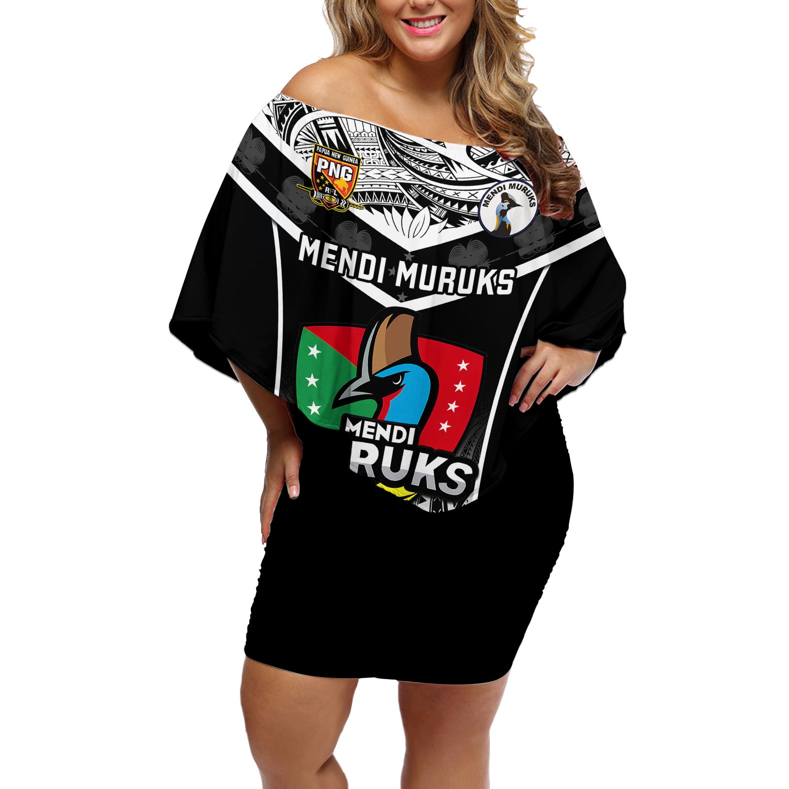 Papua New Guinea Rugby Off Shoulder Short Dress Mendi Muruks PNG Polynesian Pattern - Wonder Print Shop