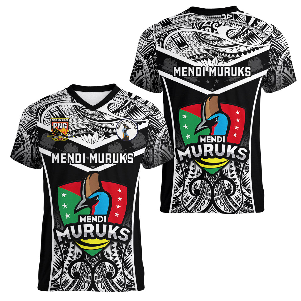 Papua New Guinea Rugby Women V Neck T Shirt Mendi Muruks PNG Polynesian Pattern - Wonder Print Shop