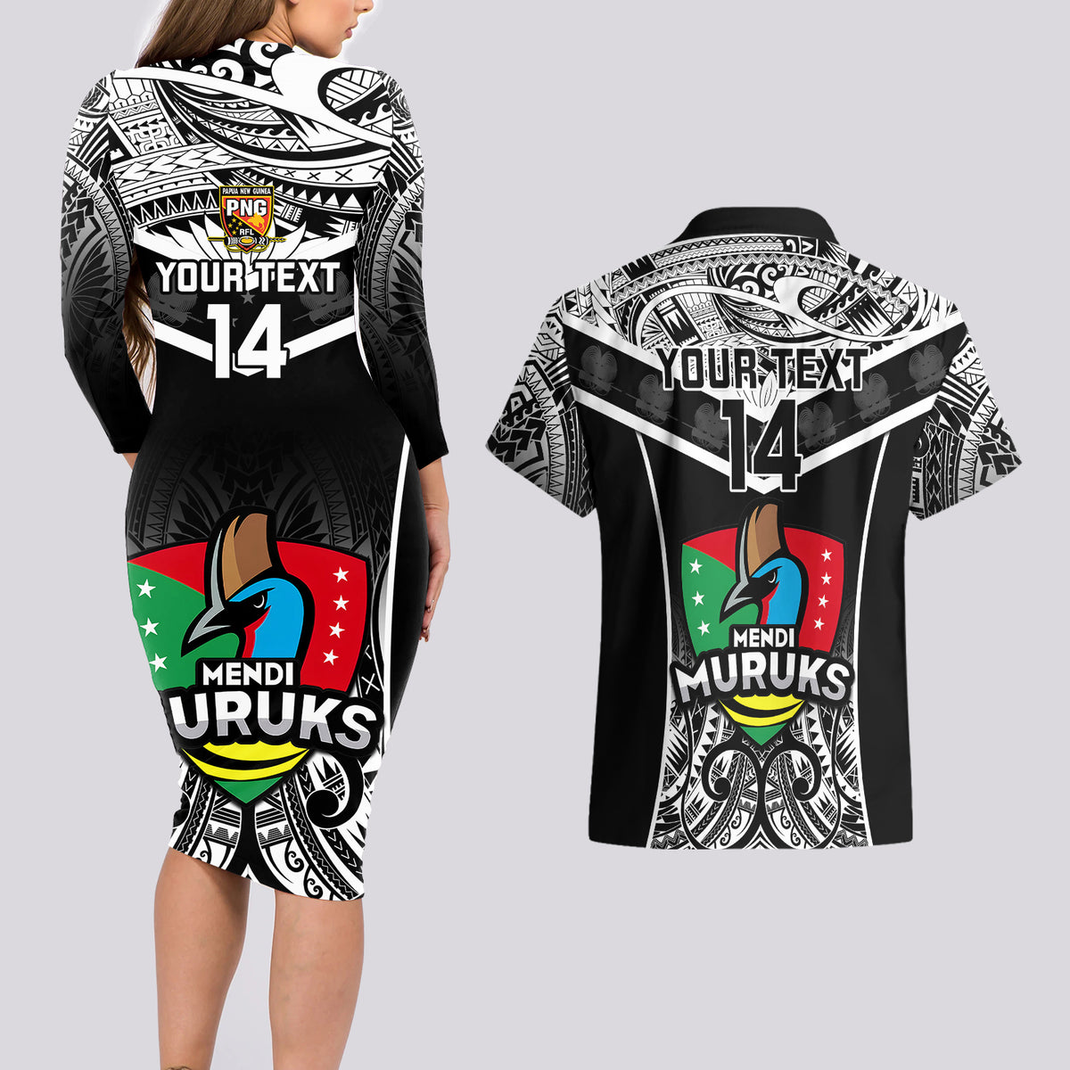 Custom Papua New Guinea Rugby Couples Matching Long Sleeve Bodycon Dress and Hawaiian Shirt Mendi Muruks PNG Polynesian Pattern - Wonder Print Shop