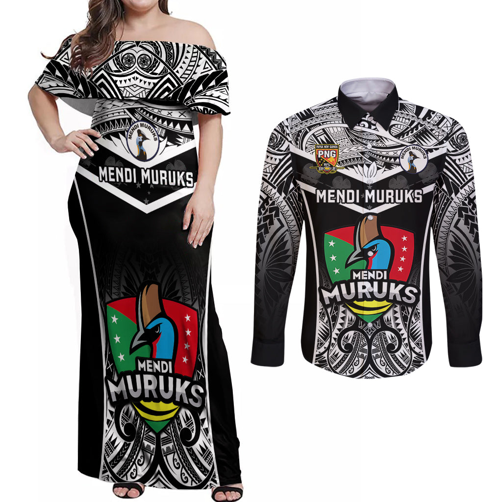 Custom Papua New Guinea Rugby Couples Matching Off Shoulder Maxi Dress and Long Sleeve Button Shirts Mendi Muruks PNG Polynesian Pattern - Wonder Print Shop