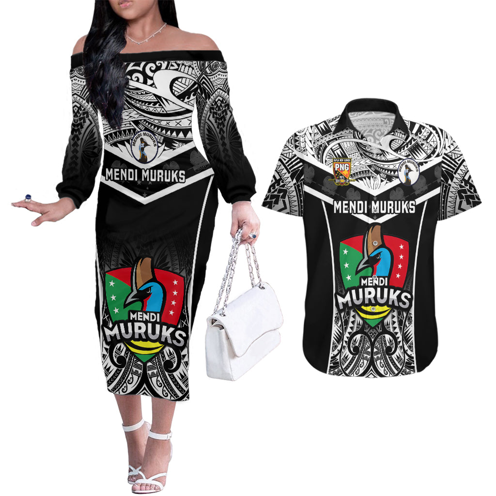 Custom Papua New Guinea Rugby Couples Matching Off The Shoulder Long Sleeve Dress and Hawaiian Shirt Mendi Muruks PNG Polynesian Pattern - Wonder Print Shop