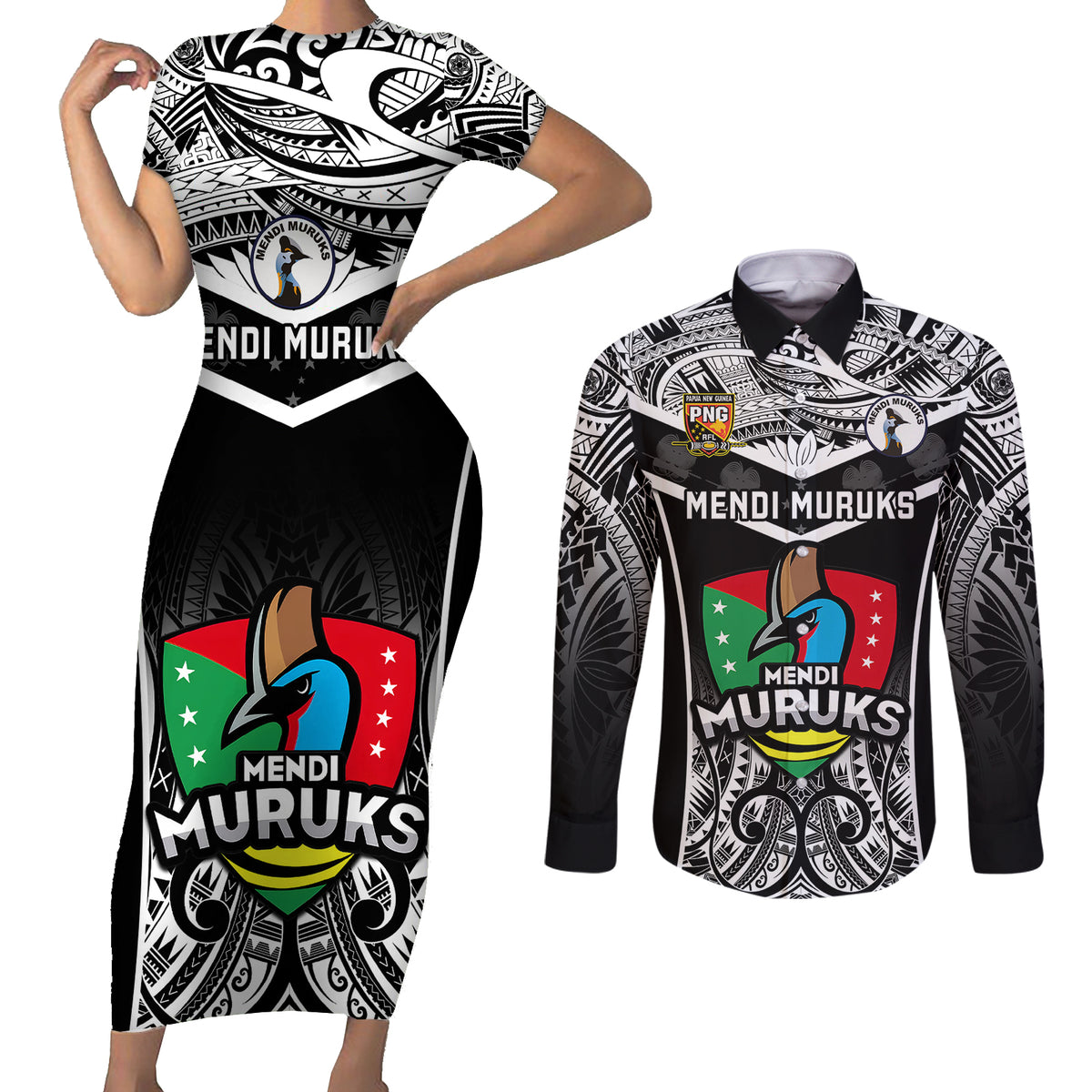 Custom Papua New Guinea Rugby Couples Matching Short Sleeve Bodycon Dress and Long Sleeve Button Shirts Mendi Muruks PNG Polynesian Pattern - Wonder Print Shop