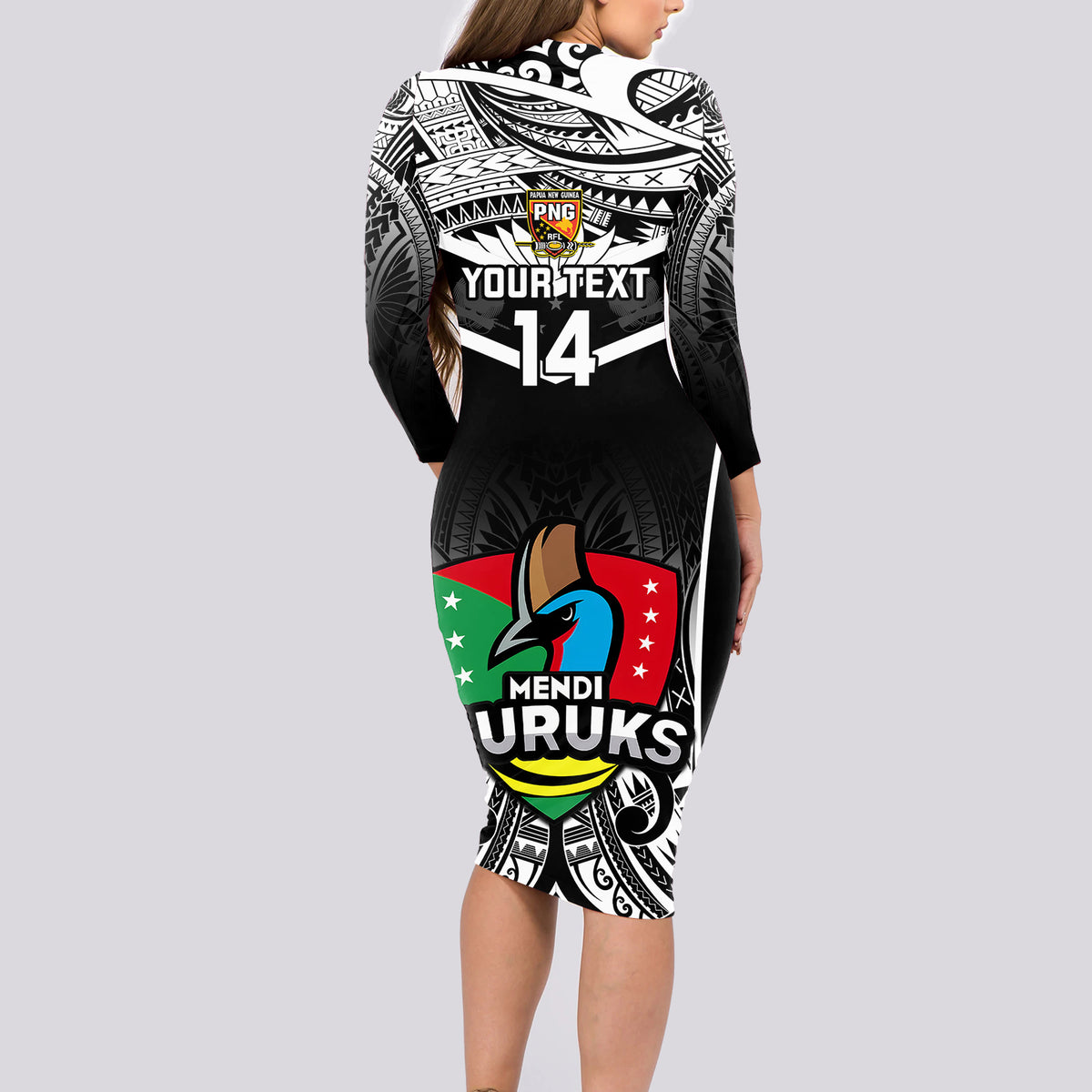 Custom Papua New Guinea Rugby Long Sleeve Bodycon Dress Mendi Muruks PNG Polynesian Pattern - Wonder Print Shop