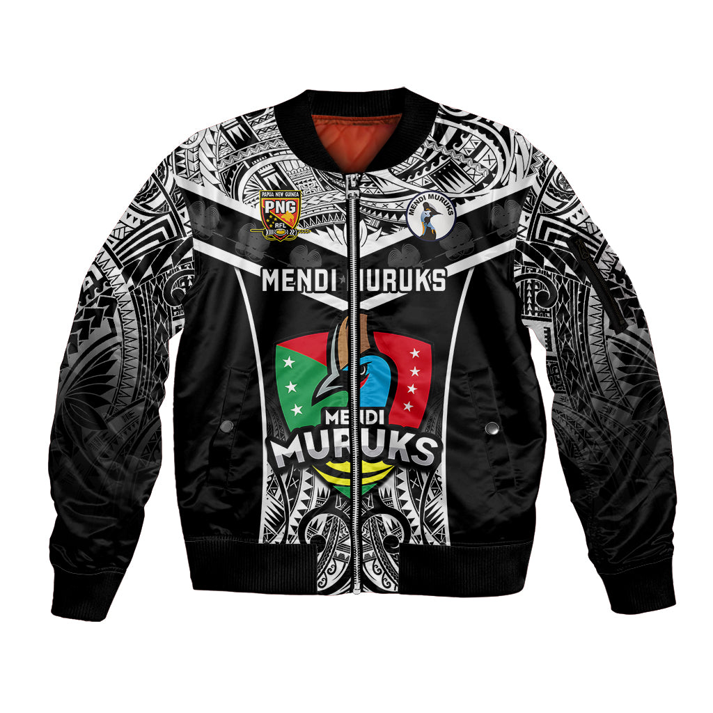 Custom Papua New Guinea Rugby Sleeve Zip Bomber Jacket Mendi Muruks PNG Polynesian Pattern - Wonder Print Shop