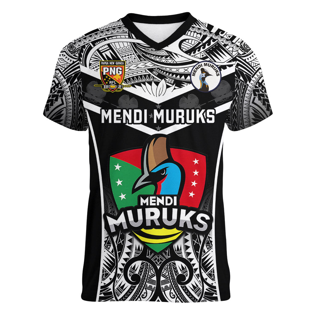 Custom Papua New Guinea Rugby Women V Neck T Shirt Mendi Muruks PNG Polynesian Pattern - Wonder Print Shop