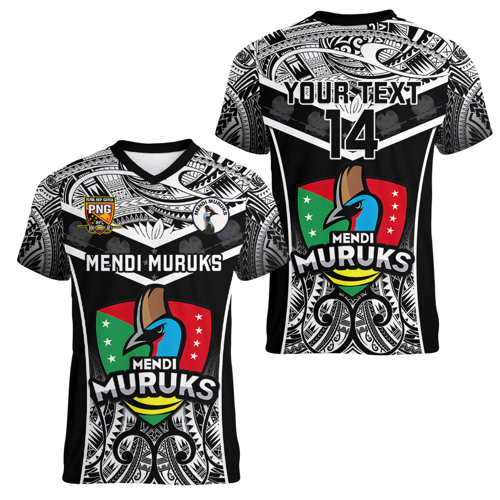 Custom Papua New Guinea Rugby Women V Neck T Shirt Mendi Muruks PNG Polynesian Pattern - Wonder Print Shop