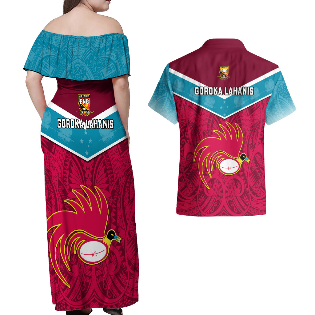 Papua New Guinea Rugby Couples Matching Off Shoulder Maxi Dress and Hawaiian Shirt Goroka Lahanis PNG Polynesian Pattern - Wonder Print Shop