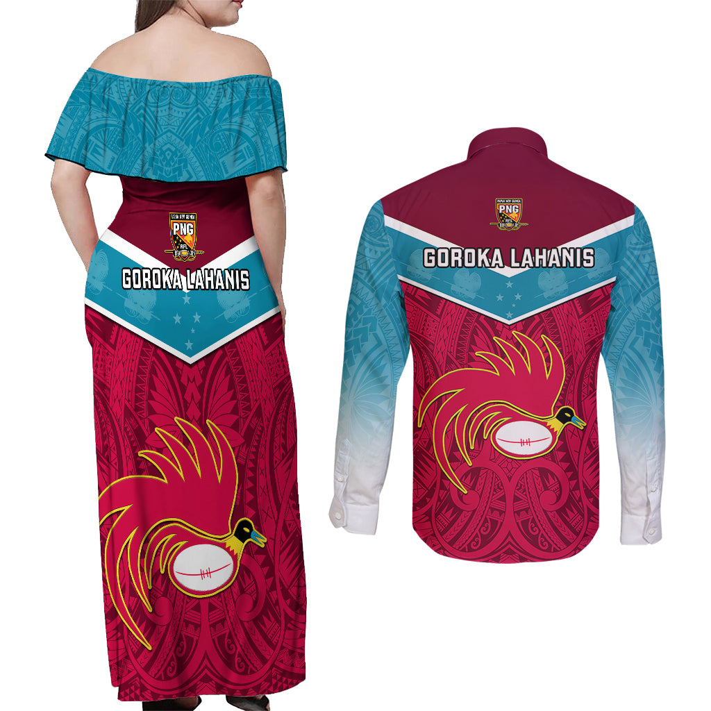 Papua New Guinea Rugby Couples Matching Off Shoulder Maxi Dress and Long Sleeve Button Shirts Goroka Lahanis PNG Polynesian Pattern - Wonder Print Shop