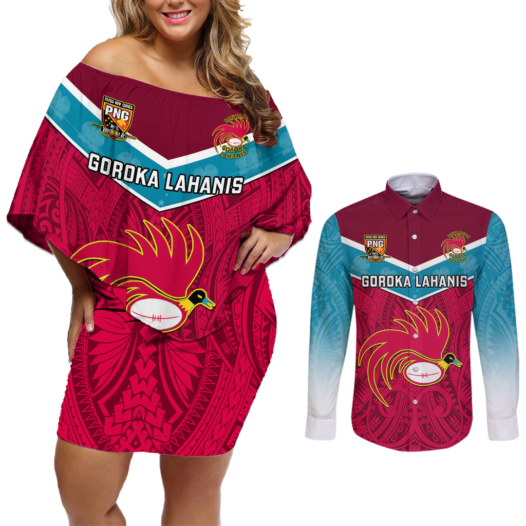 Papua New Guinea Rugby Couples Matching Off Shoulder Short Dress and Long Sleeve Button Shirts Goroka Lahanis PNG Polynesian Pattern - Wonder Print Shop