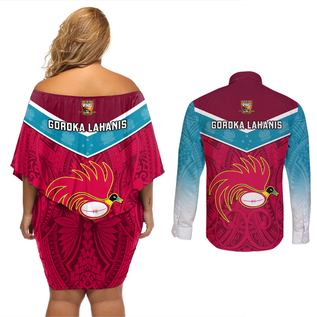 Papua New Guinea Rugby Couples Matching Off Shoulder Short Dress and Long Sleeve Button Shirts Goroka Lahanis PNG Polynesian Pattern - Wonder Print Shop