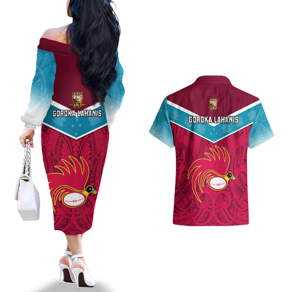 Papua New Guinea Rugby Couples Matching Off The Shoulder Long Sleeve Dress and Hawaiian Shirt Goroka Lahanis PNG Polynesian Pattern - Wonder Print Shop