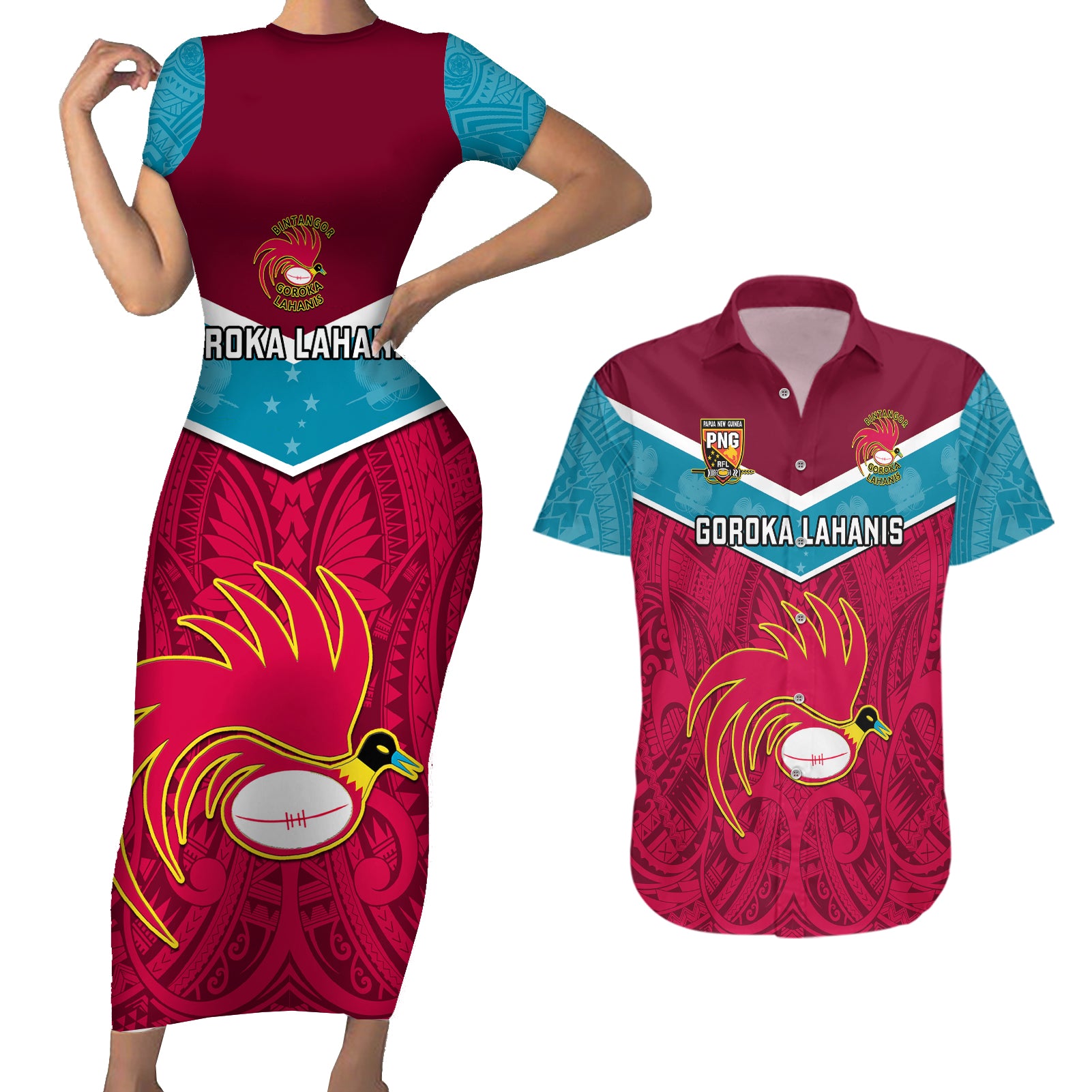 Papua New Guinea Rugby Couples Matching Short Sleeve Bodycon Dress and Hawaiian Shirt Goroka Lahanis PNG Polynesian Pattern - Wonder Print Shop