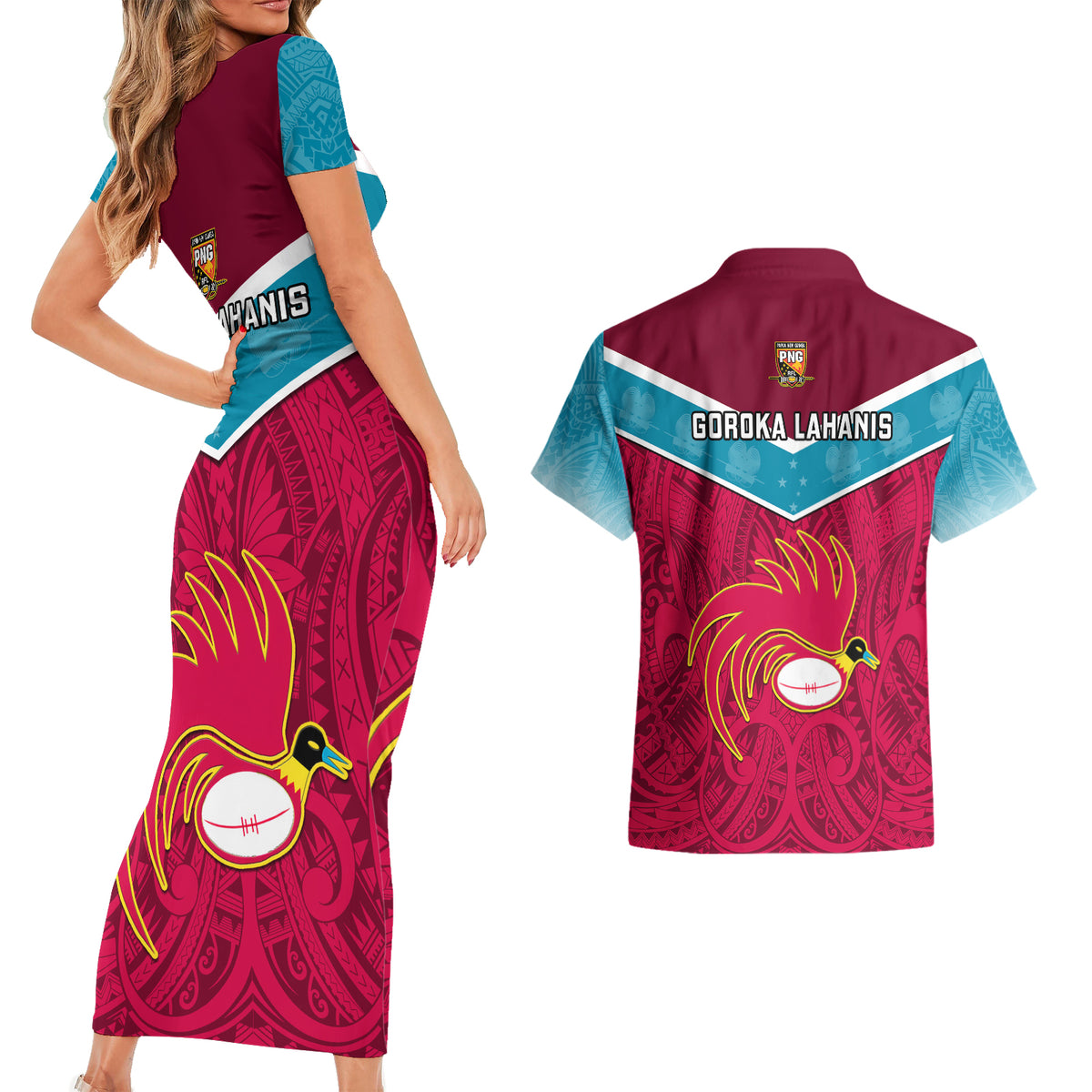 Papua New Guinea Rugby Couples Matching Short Sleeve Bodycon Dress and Hawaiian Shirt Goroka Lahanis PNG Polynesian Pattern - Wonder Print Shop