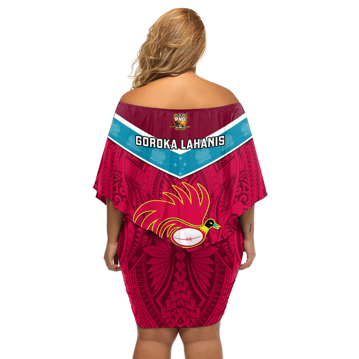 Papua New Guinea Rugby Off Shoulder Short Dress Goroka Lahanis PNG Polynesian Pattern - Wonder Print Shop