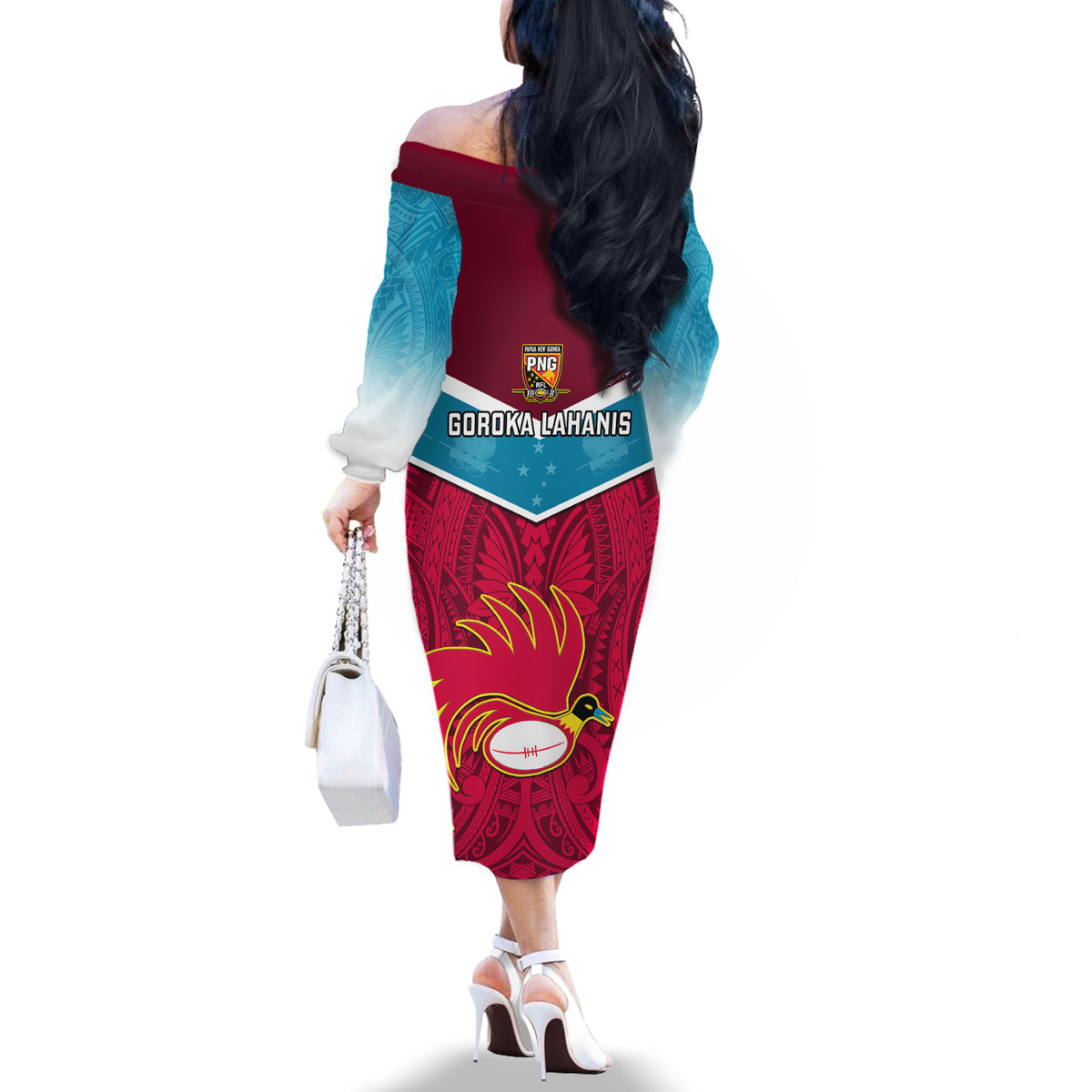 Papua New Guinea Rugby Off The Shoulder Long Sleeve Dress Goroka Lahanis PNG Polynesian Pattern - Wonder Print Shop