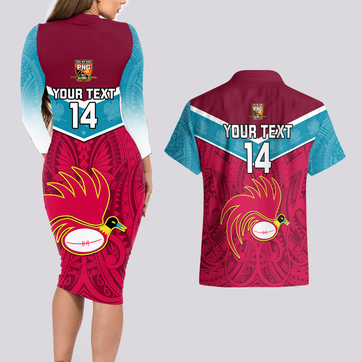 Custom Papua New Guinea Rugby Couples Matching Long Sleeve Bodycon Dress and Hawaiian Shirt Goroka Lahanis PNG Polynesian Pattern - Wonder Print Shop