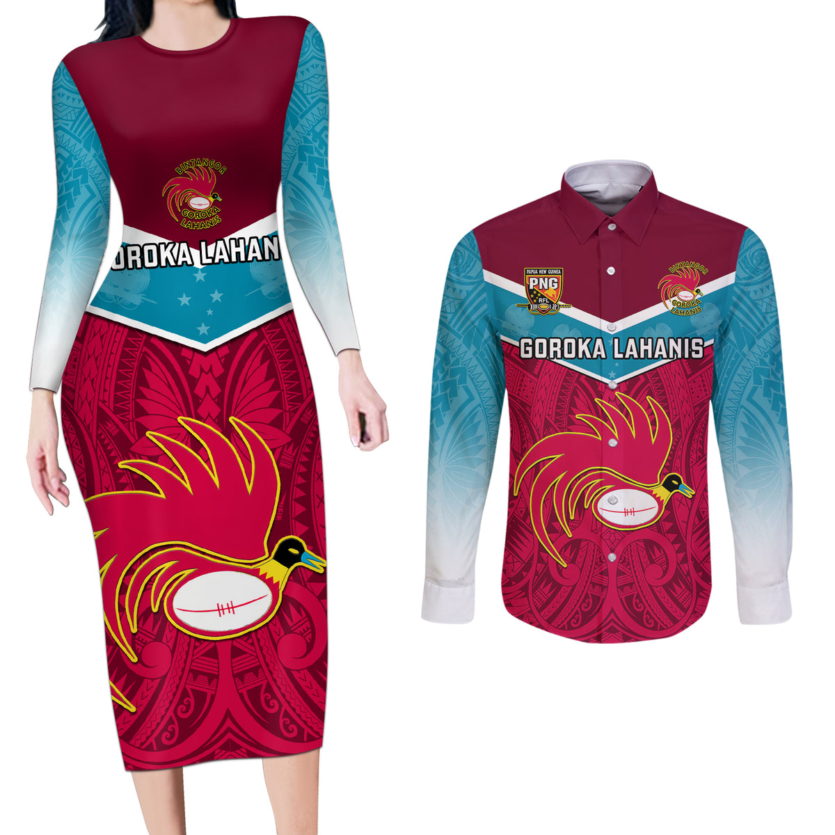 Custom Papua New Guinea Rugby Couples Matching Long Sleeve Bodycon Dress and Long Sleeve Button Shirts Goroka Lahanis PNG Polynesian Pattern - Wonder Print Shop