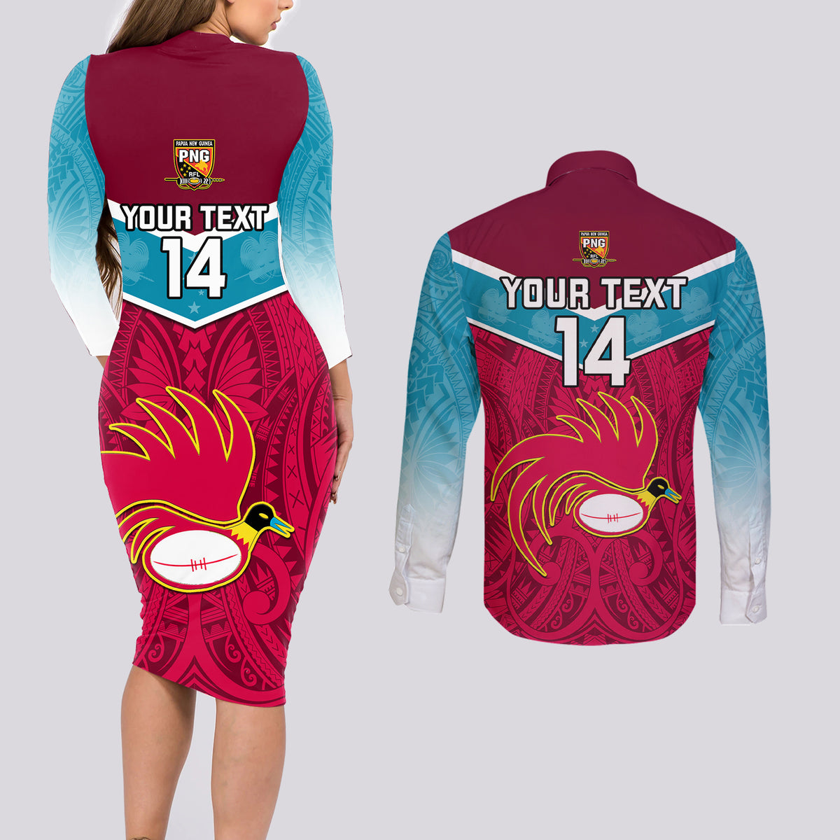 Custom Papua New Guinea Rugby Couples Matching Long Sleeve Bodycon Dress and Long Sleeve Button Shirts Goroka Lahanis PNG Polynesian Pattern - Wonder Print Shop
