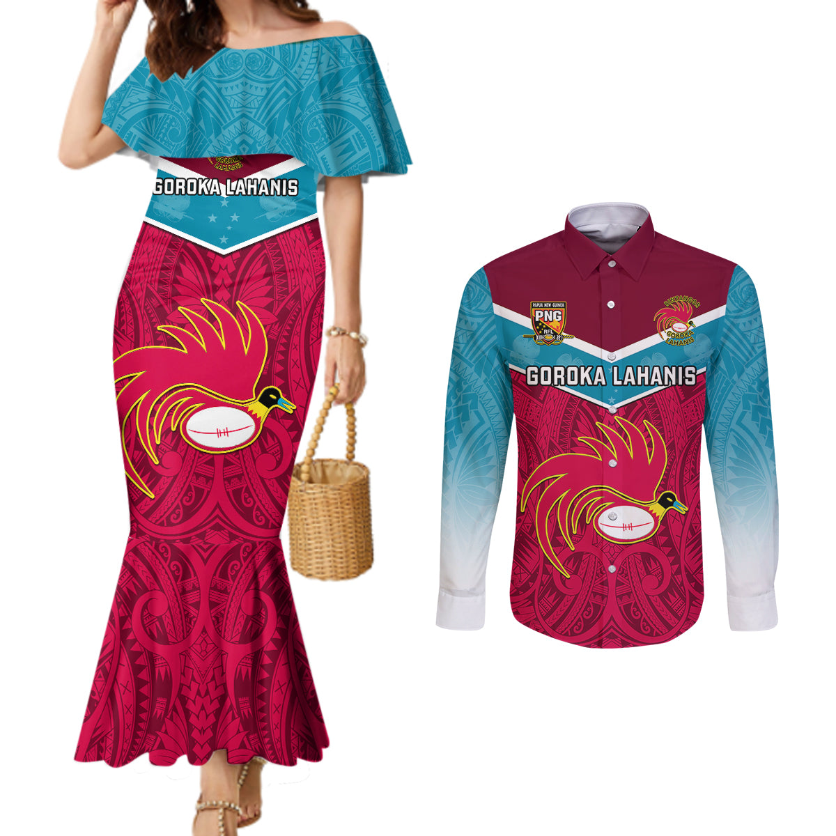 custom-papua-new-guinea-rugby-couples-matching-mermaid-dress-and-long-sleeve-button-shirts-goroka-lahanis-png-polynesian-pattern