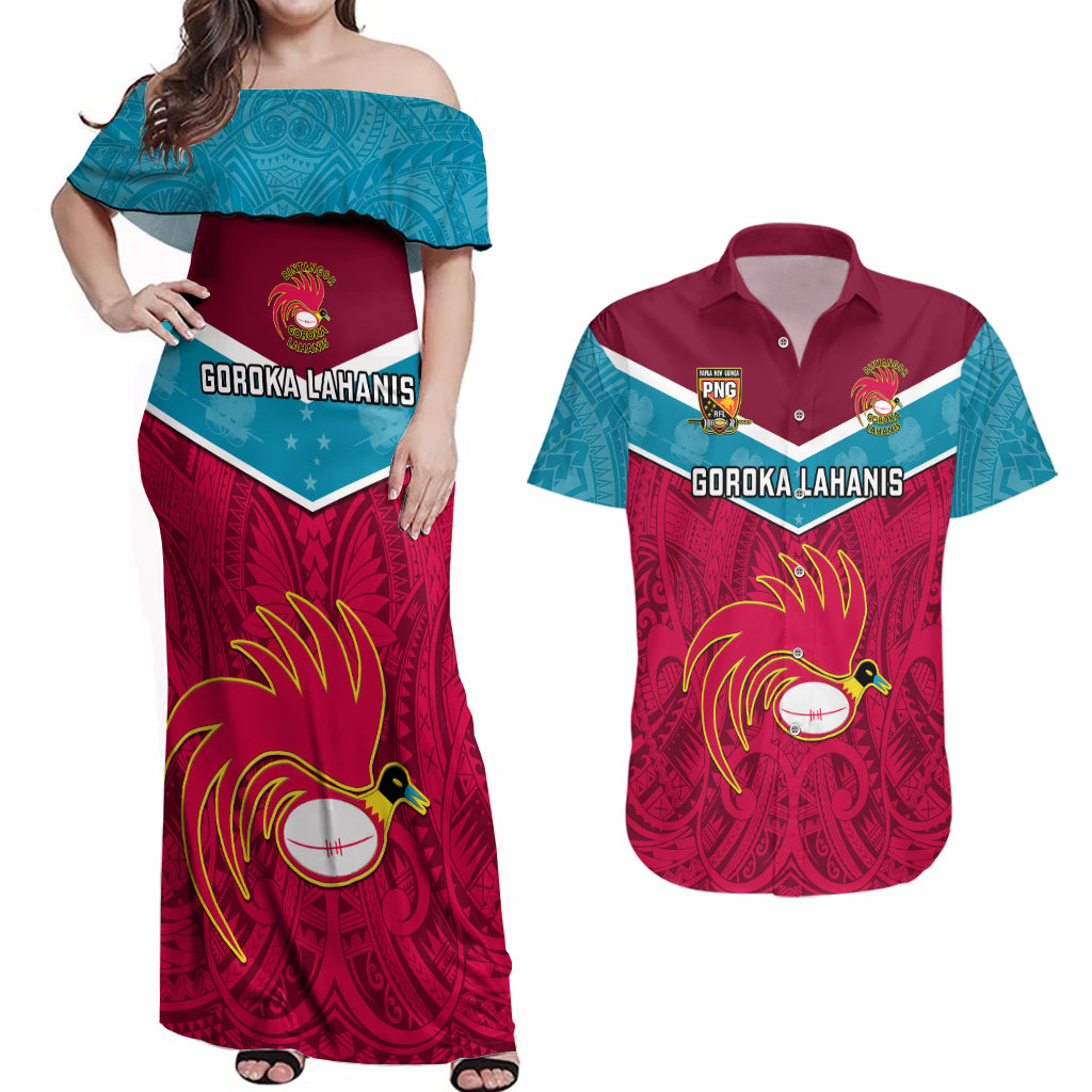 Custom Papua New Guinea Rugby Couples Matching Off Shoulder Maxi Dress and Hawaiian Shirt Goroka Lahanis PNG Polynesian Pattern - Wonder Print Shop
