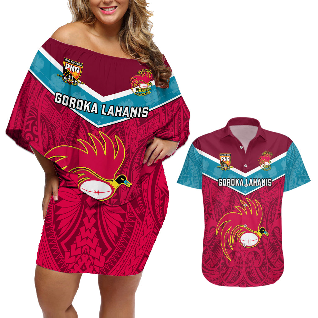 Custom Papua New Guinea Rugby Couples Matching Off Shoulder Short Dress and Hawaiian Shirt Goroka Lahanis PNG Polynesian Pattern - Wonder Print Shop