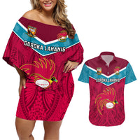 Custom Papua New Guinea Rugby Couples Matching Off Shoulder Short Dress and Hawaiian Shirt Goroka Lahanis PNG Polynesian Pattern - Wonder Print Shop