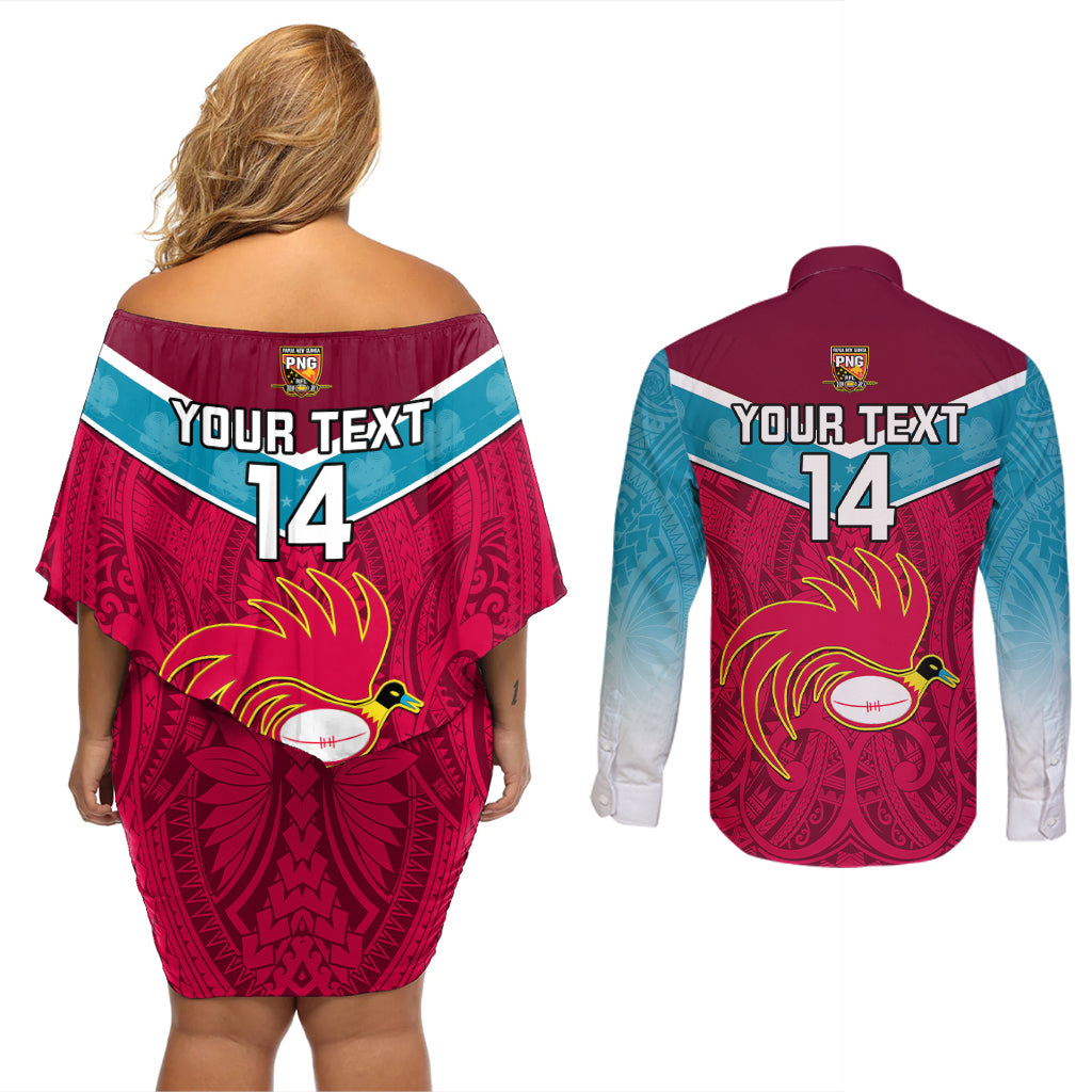 Custom Papua New Guinea Rugby Couples Matching Off Shoulder Short Dress and Long Sleeve Button Shirts Goroka Lahanis PNG Polynesian Pattern - Wonder Print Shop