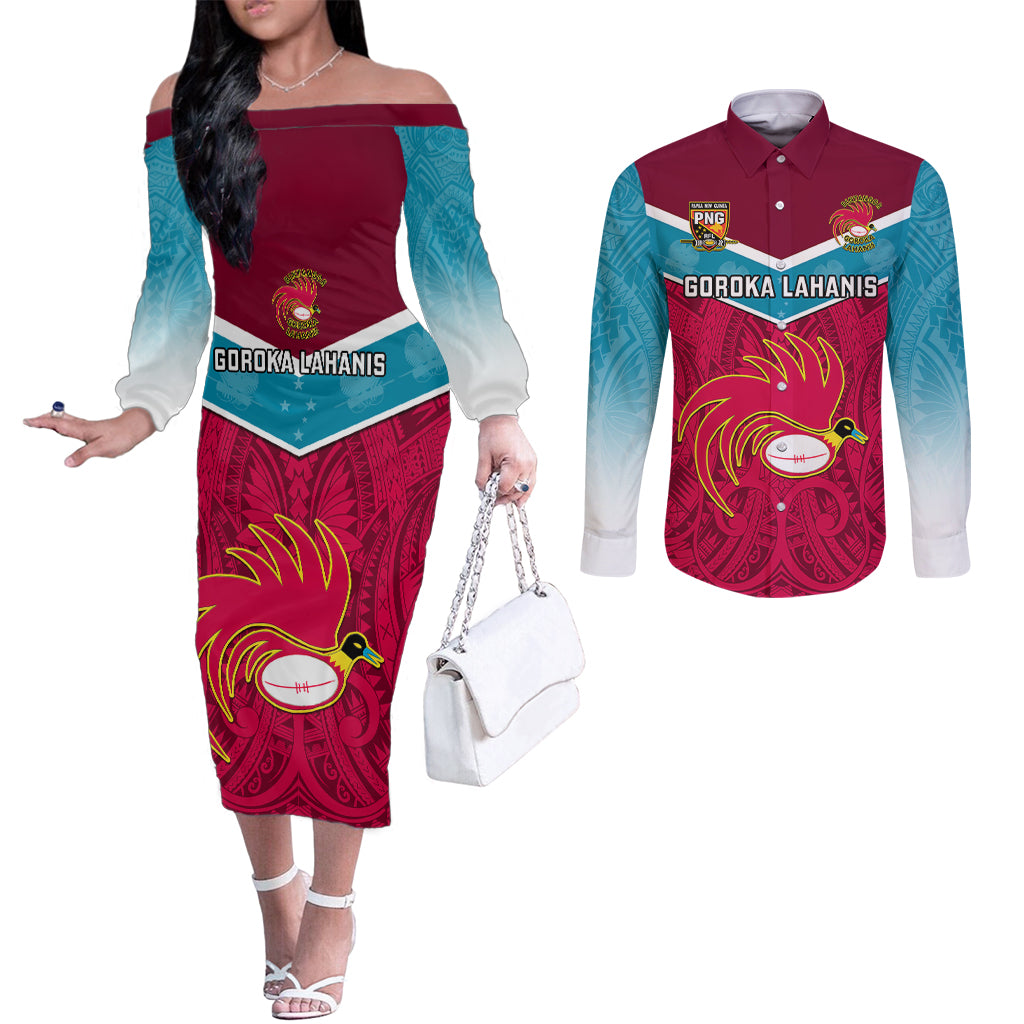 custom-papua-new-guinea-rugby-couples-matching-off-the-shoulder-long-sleeve-dress-and-long-sleeve-button-shirts-goroka-lahanis-png-polynesian-pattern