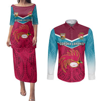Custom Papua New Guinea Rugby Couples Matching Puletasi Dress and Long Sleeve Button Shirts Goroka Lahanis PNG Polynesian Pattern - Wonder Print Shop