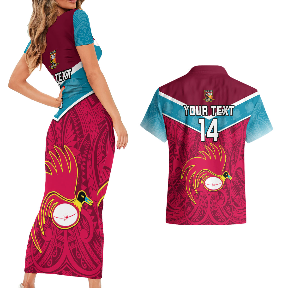 Custom Papua New Guinea Rugby Couples Matching Short Sleeve Bodycon Dress and Hawaiian Shirt Goroka Lahanis PNG Polynesian Pattern - Wonder Print Shop