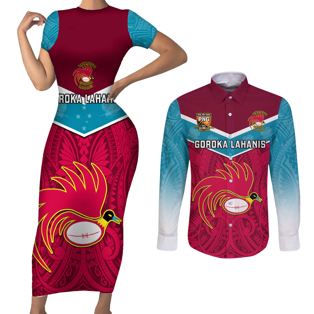 Custom Papua New Guinea Rugby Couples Matching Short Sleeve Bodycon Dress and Long Sleeve Button Shirts Goroka Lahanis PNG Polynesian Pattern - Wonder Print Shop
