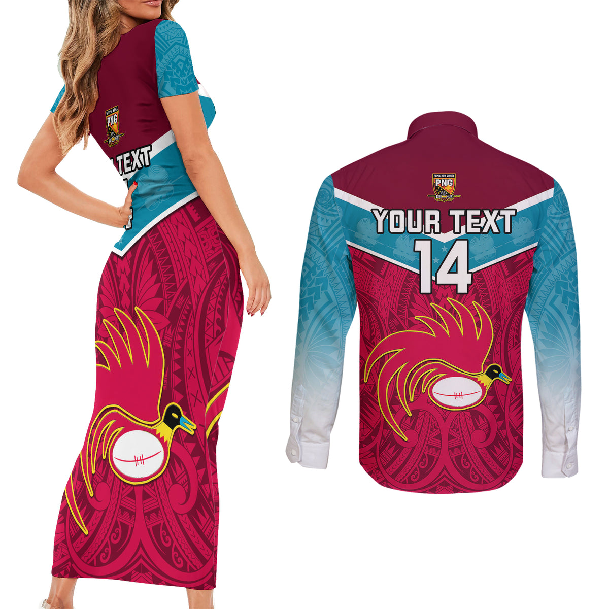 Custom Papua New Guinea Rugby Couples Matching Short Sleeve Bodycon Dress and Long Sleeve Button Shirts Goroka Lahanis PNG Polynesian Pattern - Wonder Print Shop