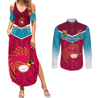 Custom Papua New Guinea Rugby Couples Matching Summer Maxi Dress and Long Sleeve Button Shirts Goroka Lahanis PNG Polynesian Pattern - Wonder Print Shop